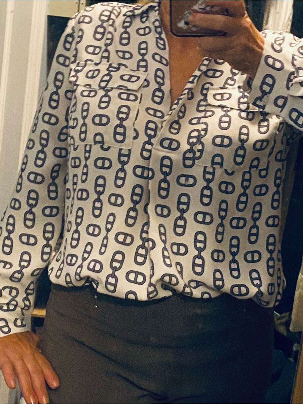 Ann Taylor White Blouse with Navy Chain Print